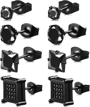 4 Pairs Stainless Steel Earrings, Square Stud Earrings for Men and Women, Hypoallergenic Cubic Zirconia Earing Set Lab-Diamond Princess Cut Jewelry Aretes De Hombre