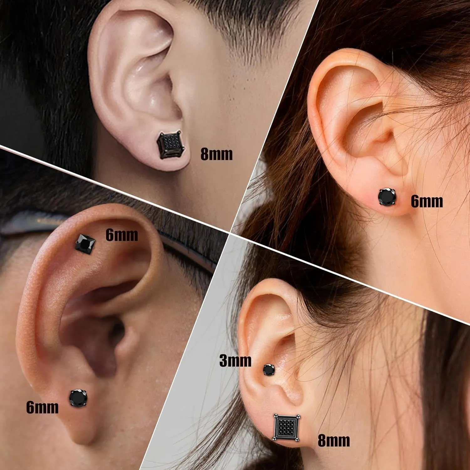 4 Pairs Stainless Steel Earrings, Square Stud Earrings for Men and Women, Hypoallergenic Cubic Zirconia Earing Set Lab-Diamond Princess Cut Jewelry Aretes De Hombre