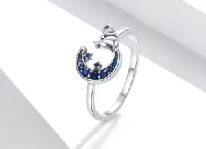 Anillo de Plata de Ley con gatito y luna de circonitas azules