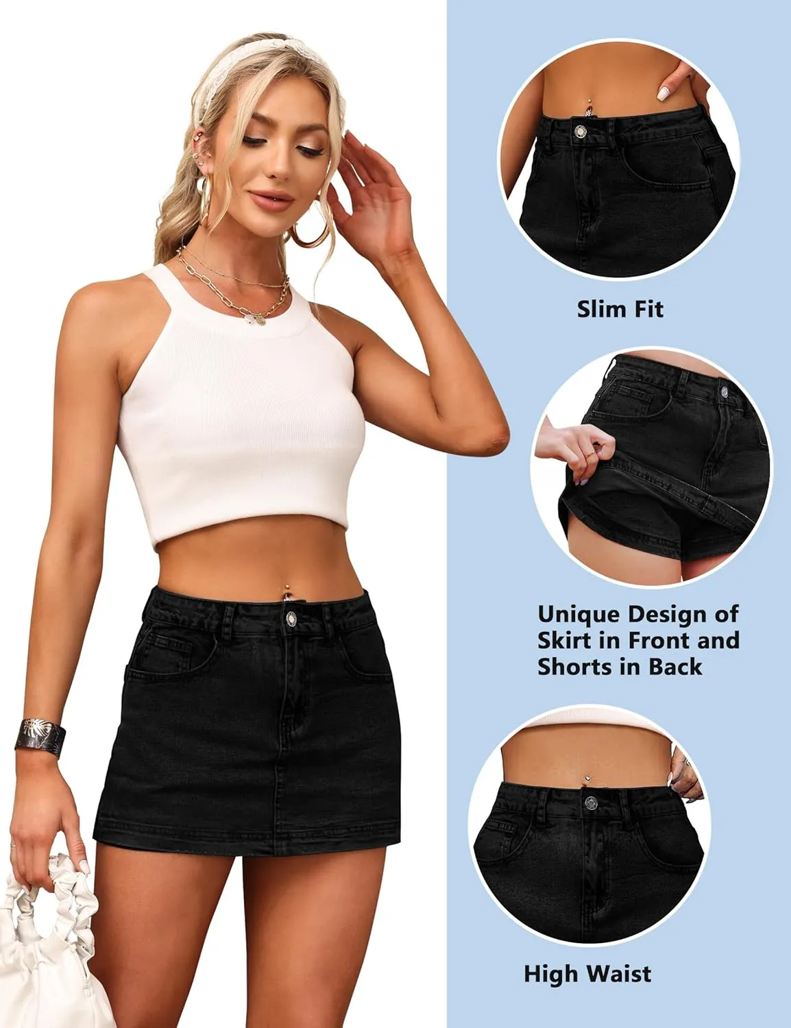 BISUAL Denim Skort for Women High Waist Mini Denim Skirt Casual Stretch Women Jean Skirt with Pockets