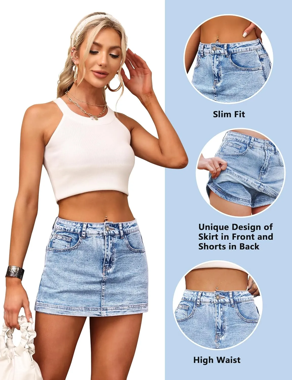 BISUAL Denim Skort for Women High Waist Mini Denim Skirt Casual Stretch Women Jean Skirt with Pockets