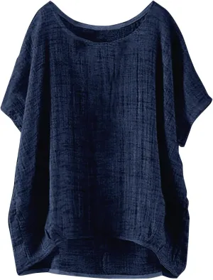 Boho Shirts for Women Hippie Casual Summer Short Sleeve Gauze Shirts Plus Size Cotton Linen Peasant Tops Blouses