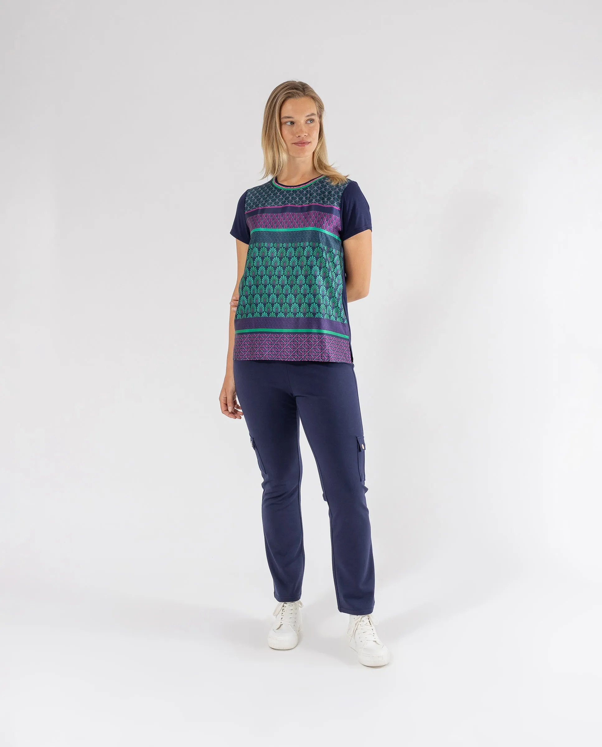 CAMISETA COMBINADA SATEN Y PUNTO  AZUL OSCURO