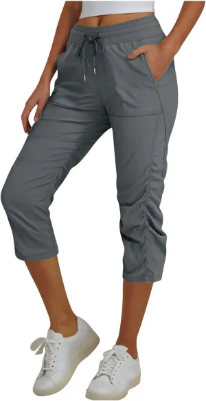 Capri Pants for Women Lightweight Hiking Pants Comfy Outdoor Running Pants Drawstring Ruched Crop Pants with Pockets