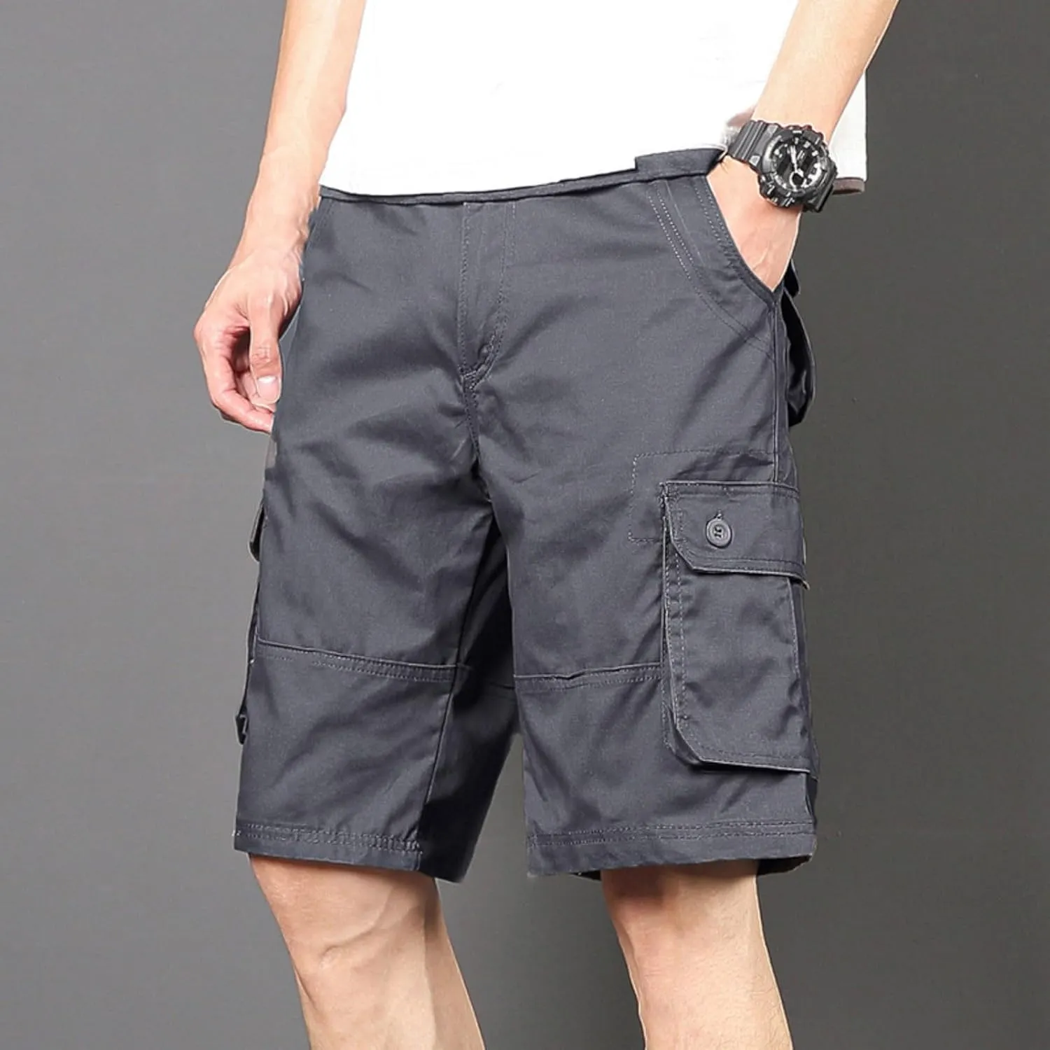 Cargo Shorts for Men Summer Casual Cotton Bermuda Work Hiking Shorts Knee Length Stretchy Short Pants Multi Pockets
