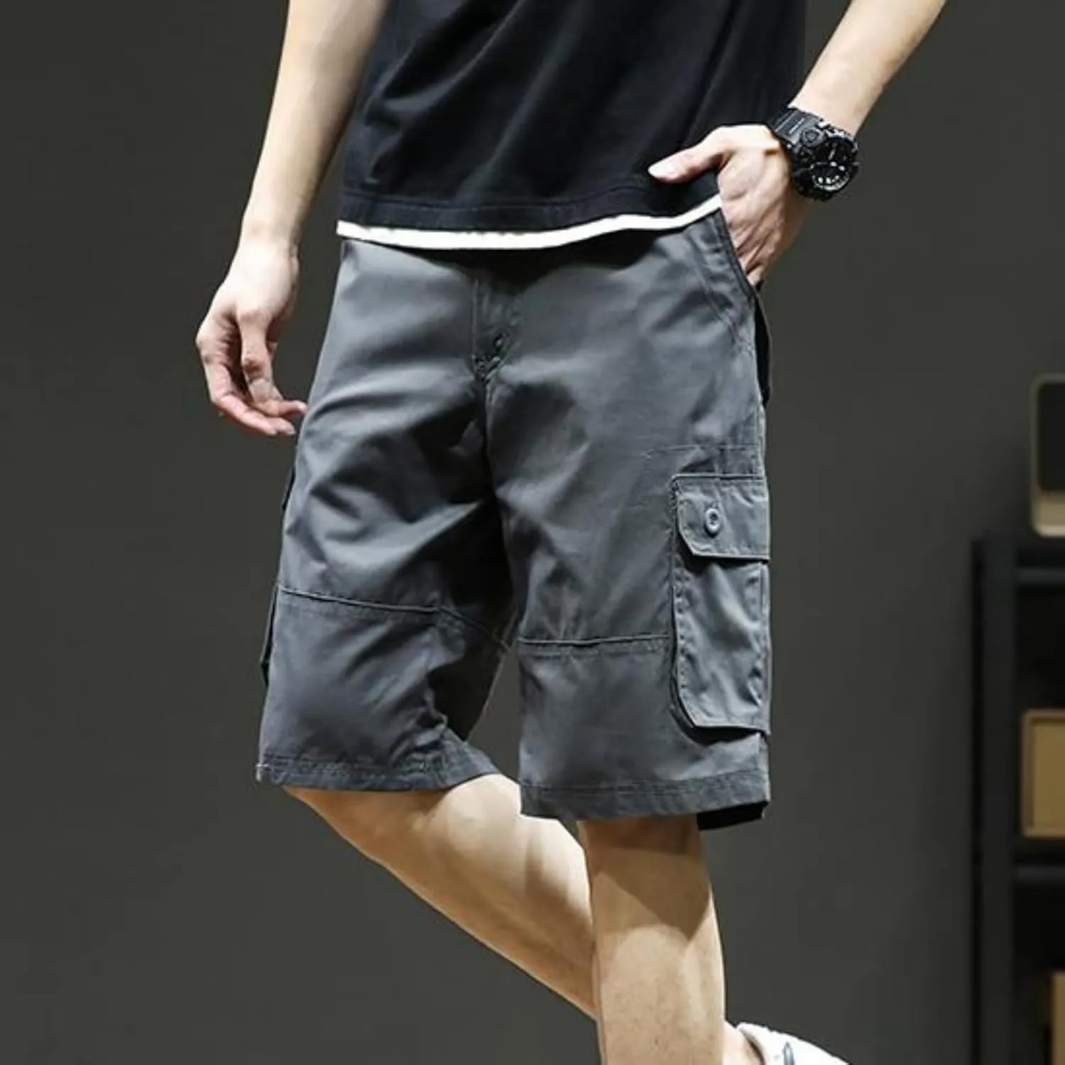 Cargo Shorts for Men Summer Casual Cotton Bermuda Work Hiking Shorts Knee Length Stretchy Short Pants Multi Pockets