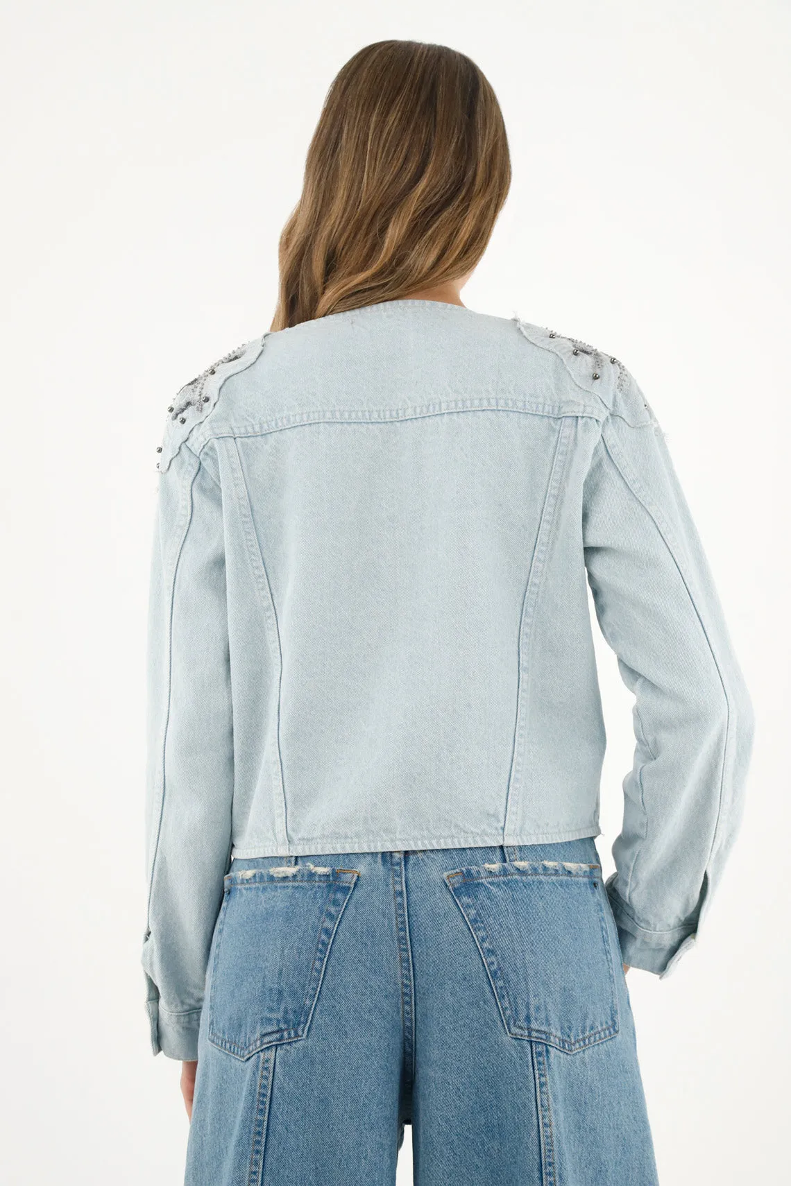 Chaqueta azul con apliques bordados para mujer