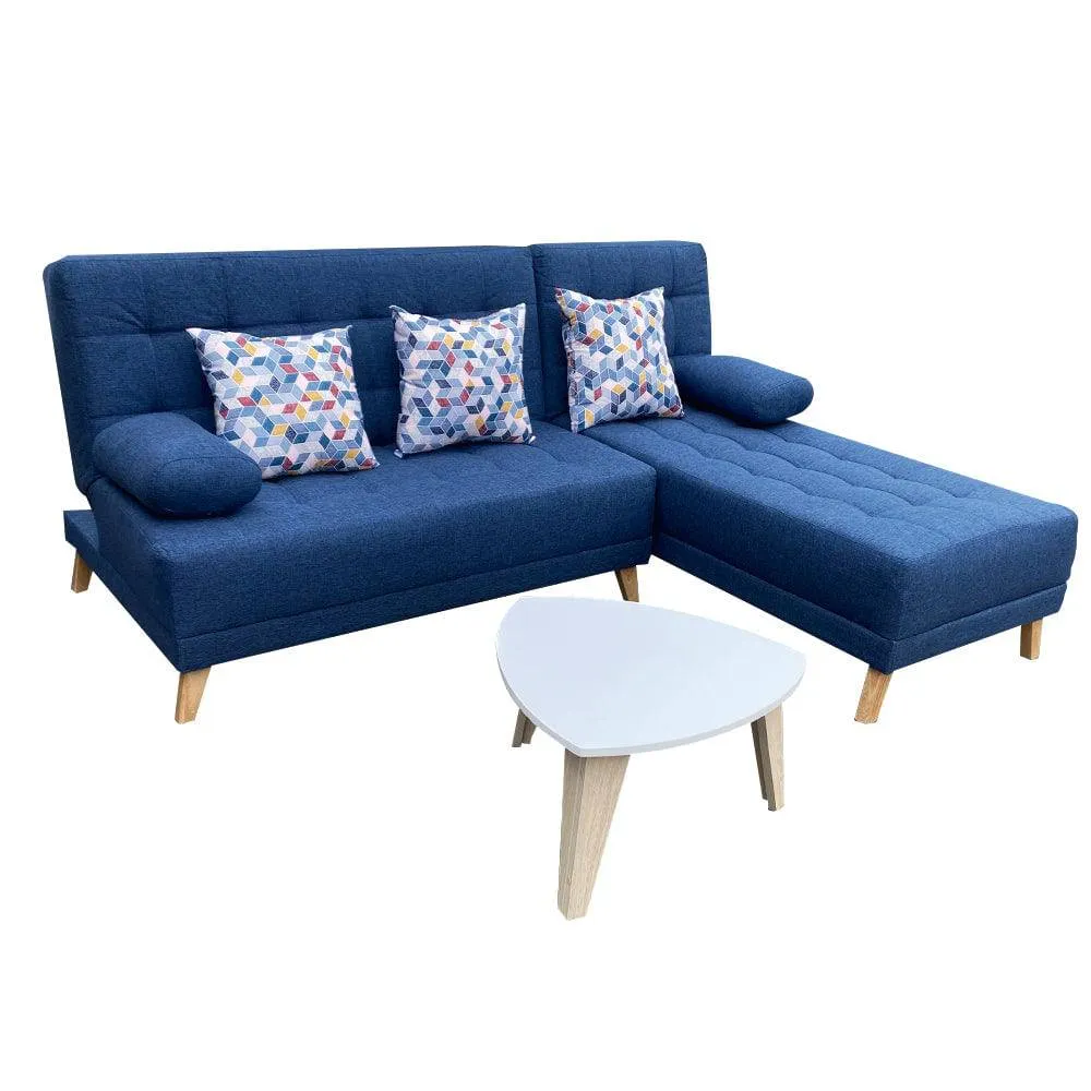 Combo Sofa en L Cama  Bridge Tela Azul   3 Cojines Decorativos   Mesa Centro