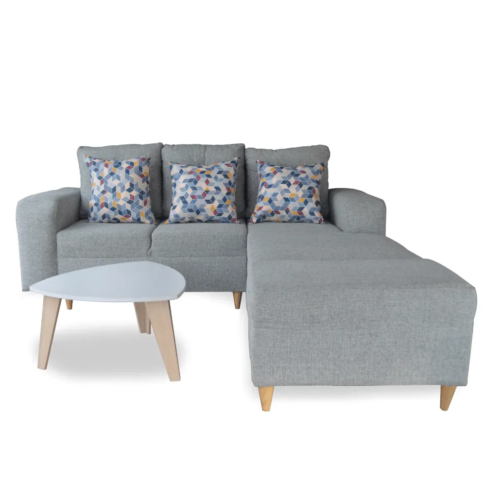 Combo Sofa en L  Turquia Tela Gris   Puff   Mesa de Centro   3 Cojines Decorativos