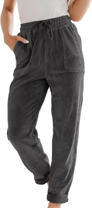 Corduroy Pants for Women Fall Winter Full Length Pant High Waist Straight Leg Pants Casual Drawstring Elastic Trouser
