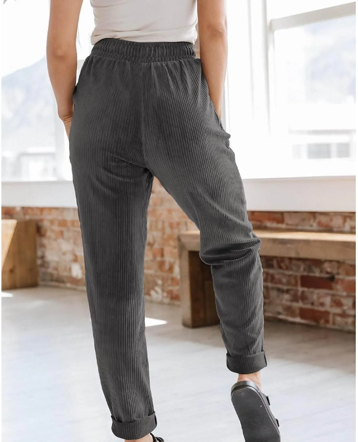 Corduroy Pants for Women Fall Winter Full Length Pant High Waist Straight Leg Pants Casual Drawstring Elastic Trouser