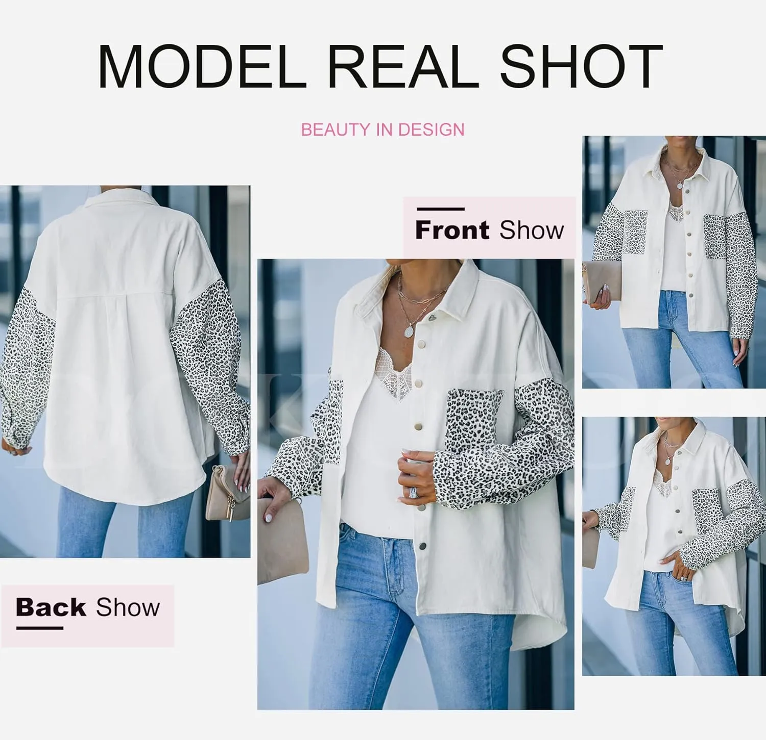Dokotoo Womens Contrast Leopard Denim Jacket Long Sleeve Button Down Shirts Boyfriend Oversized Blouses Tops