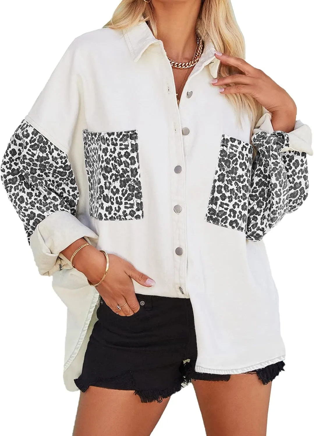 Dokotoo Womens Contrast Leopard Denim Jacket Long Sleeve Button Down Shirts Boyfriend Oversized Blouses Tops
