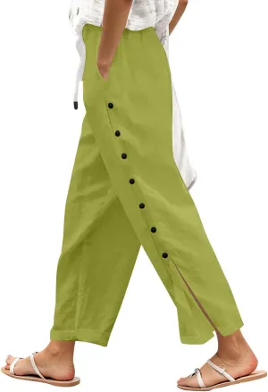 Elastic Waist Pants for Women Solid Color Functional Side Snaps Button Detail Loose Fit Casual Lounge Palazzo Pants