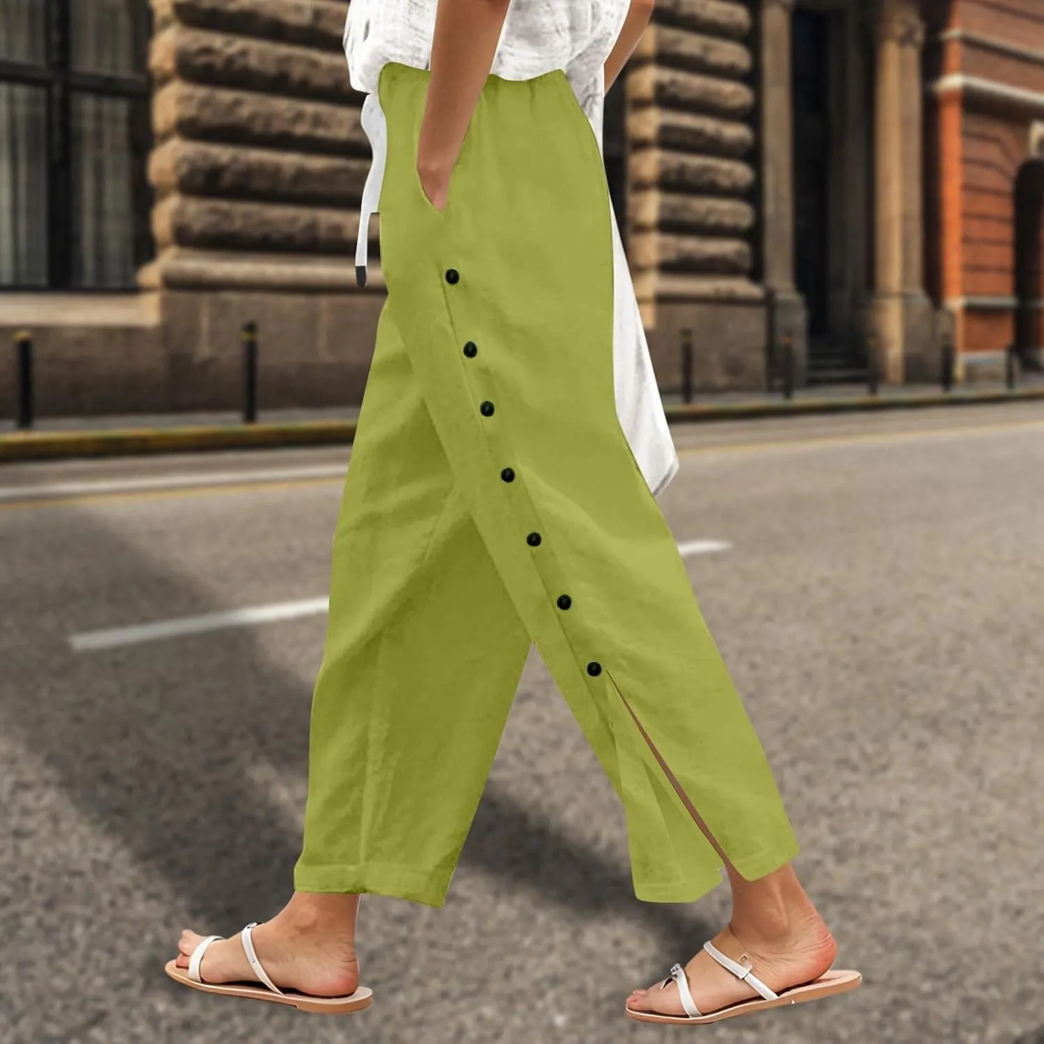 Elastic Waist Pants for Women Solid Color Functional Side Snaps Button Detail Loose Fit Casual Lounge Palazzo Pants