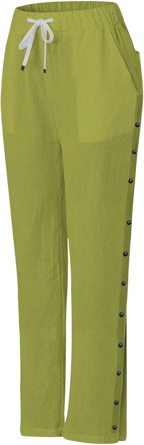 Elastic Waist Pants for Women Solid Color Functional Side Snaps Button Detail Loose Fit Casual Lounge Palazzo Pants