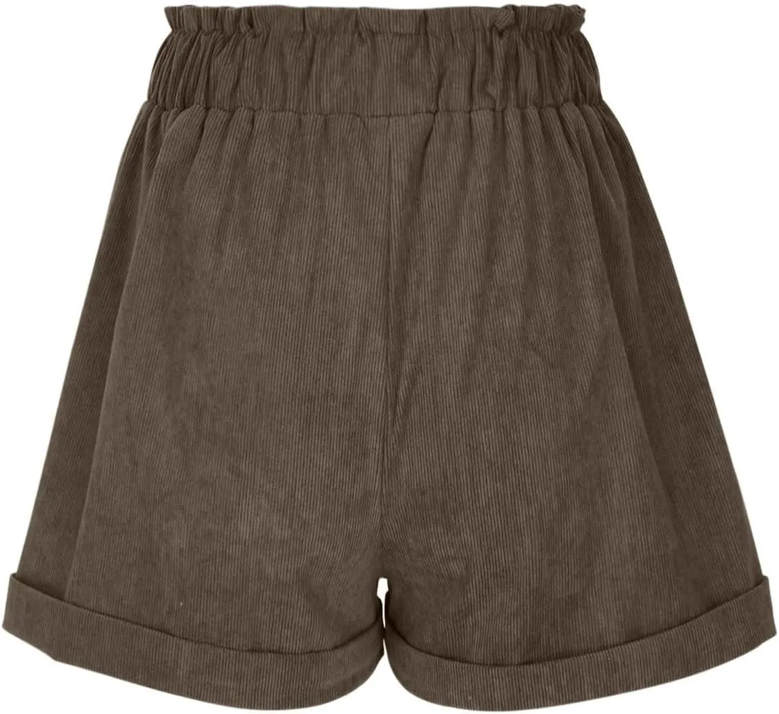Embroidery Corduroy Shorts for Women Cute Mushroom Graphic Shirts Summer Casual Wide Leg Elastic Waist Ruffle Shorts
