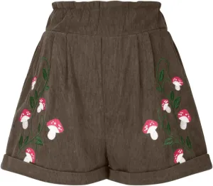 Embroidery Corduroy Shorts for Women Cute Mushroom Graphic Shirts Summer Casual Wide Leg Elastic Waist Ruffle Shorts