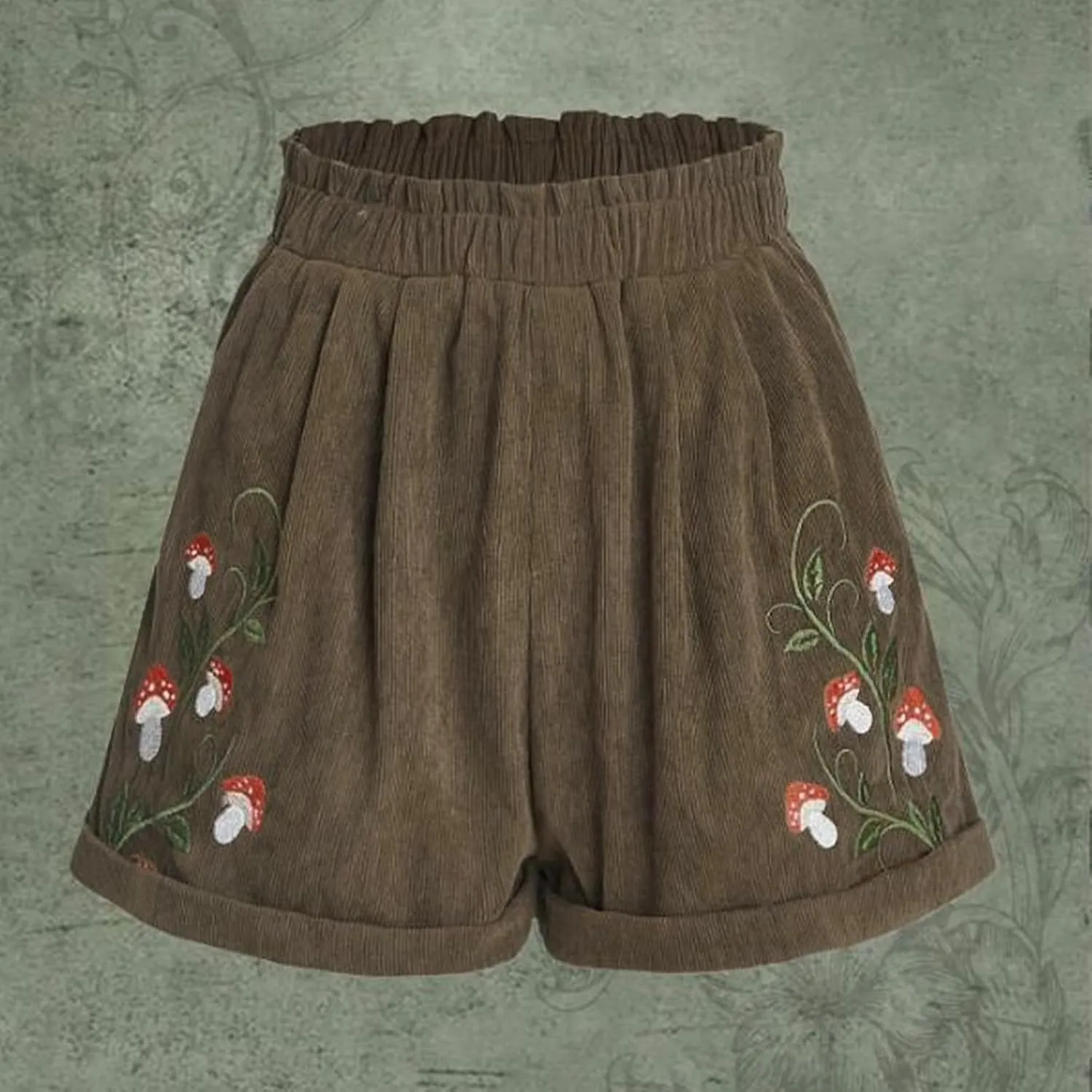 Embroidery Corduroy Shorts for Women Cute Mushroom Graphic Shirts Summer Casual Wide Leg Elastic Waist Ruffle Shorts