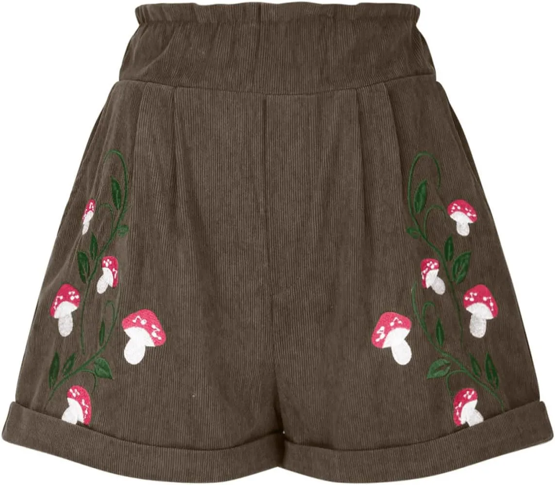 Embroidery Corduroy Shorts for Women Cute Mushroom Graphic Shirts Summer Casual Wide Leg Elastic Waist Ruffle Shorts
