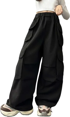 Girls Baggy Straight Cargo Pants Vintage Solide Color Wide Leg Trendy Joggers Soft Cool Trousers with Pockets