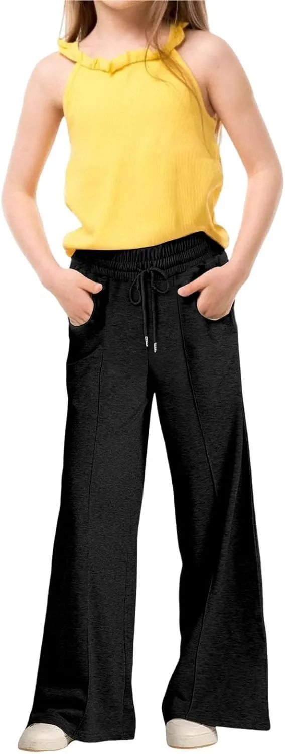 Girls Oversized Wide Leg Sweatpants Drawstring Kids Baggy Straight Leg Track Pants Casual Plain Pockets