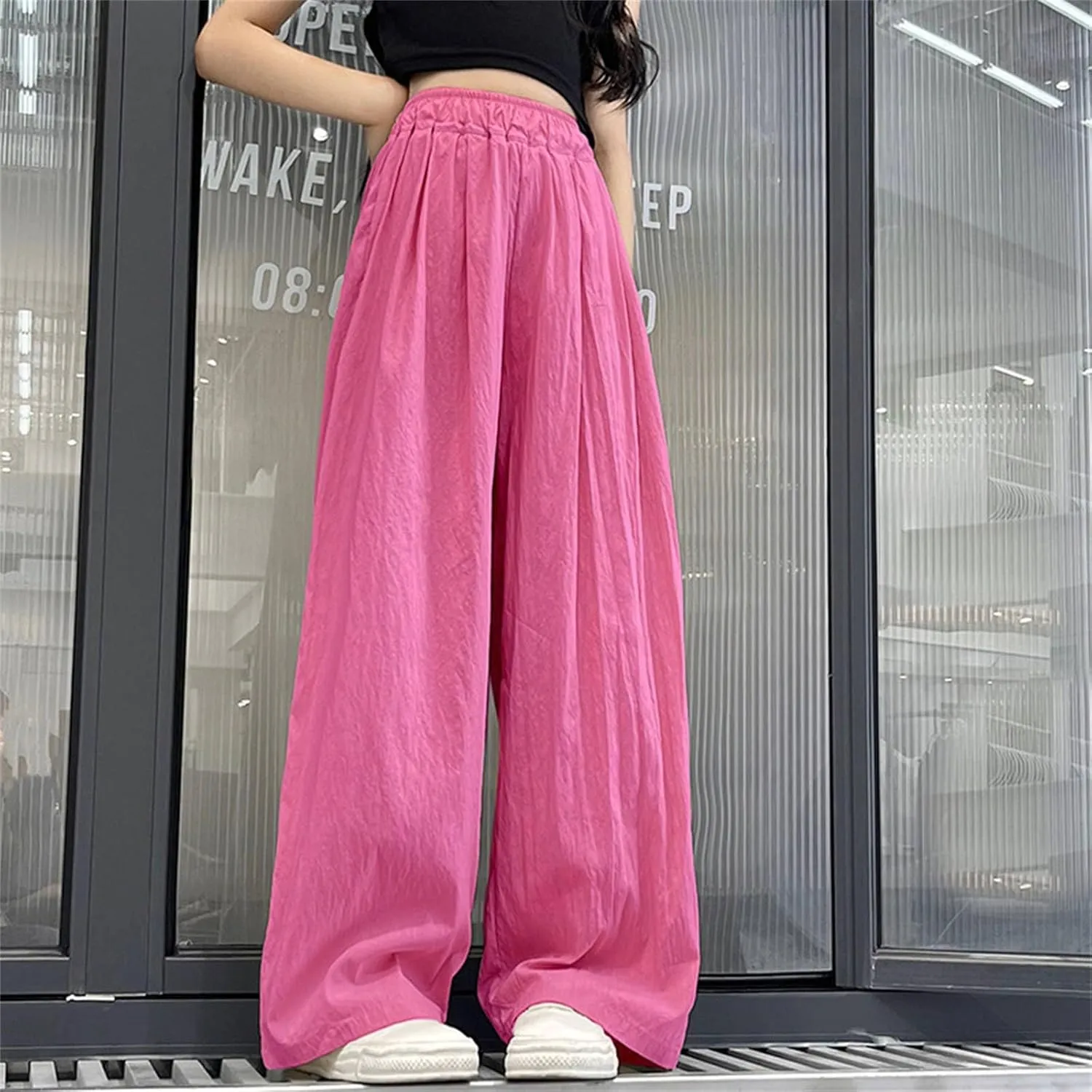 Girls Straight Wide Leg Solid Color Pants High Elastic Waist Baggy Flowy Casual Trousers Y2k Trendy