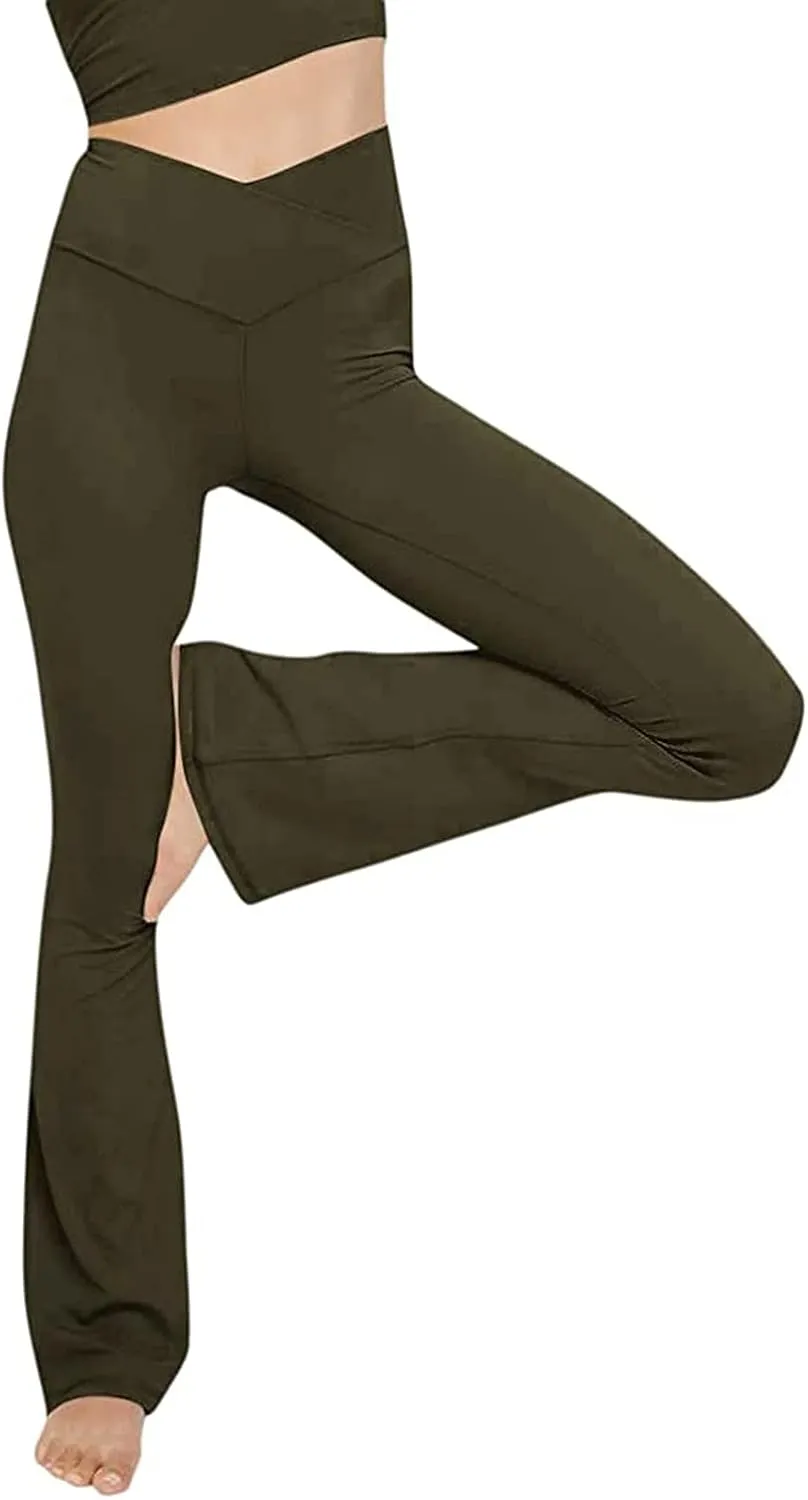 High Waist Yoga Pants Tummy Control Crossover Flare Pant Workout Running Athletic Leggings Wide Leg Bootcut Pants Gym
