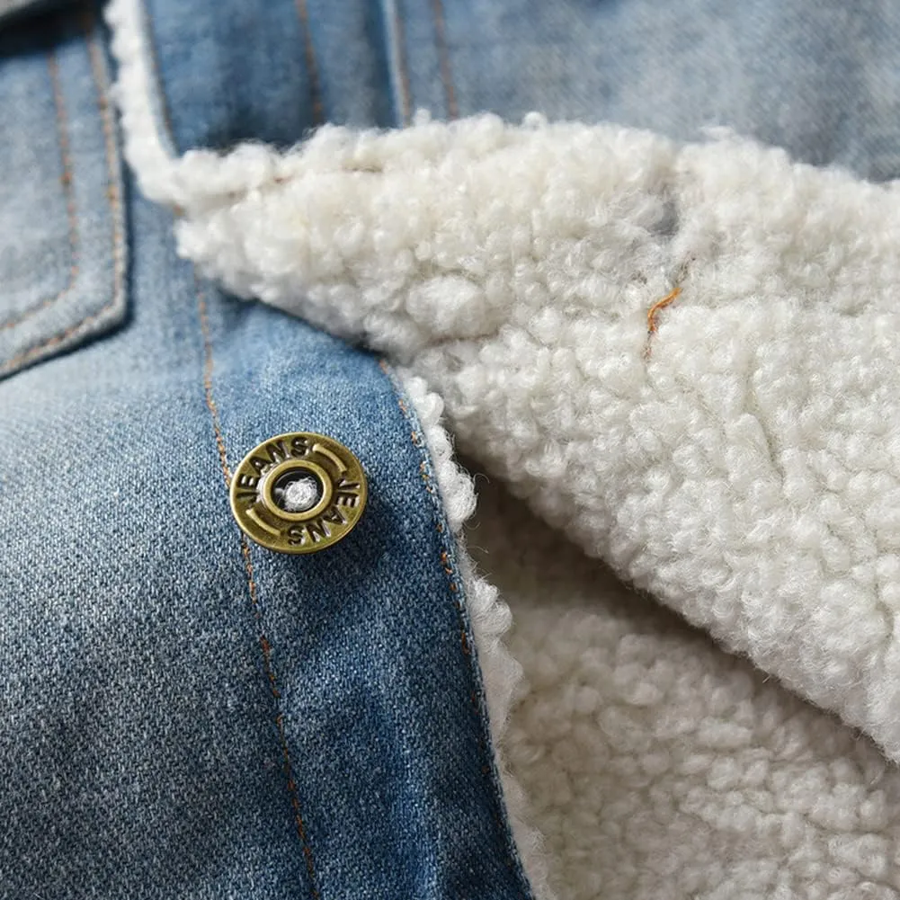 Hotmiss Toddler Baby Boys Girls Fleece Lined Denim Jacket Thicken Kids Fleece Jean Jacket Coat Winter Outwear