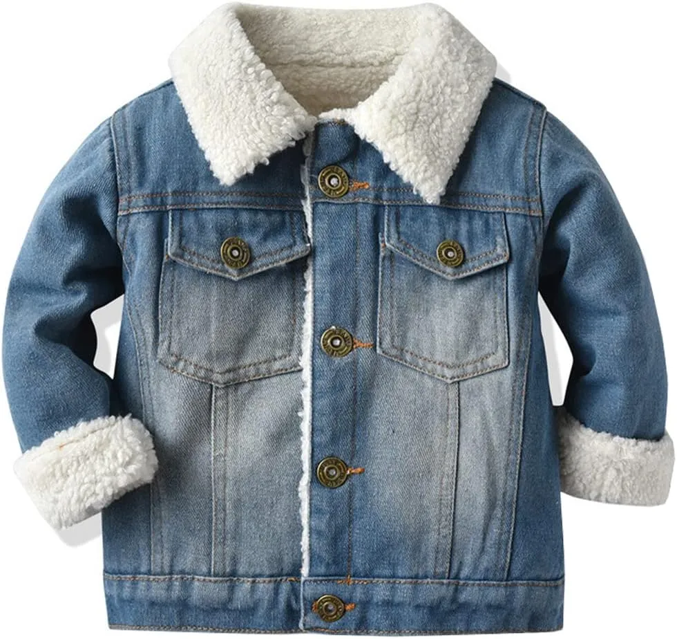 Hotmiss Toddler Baby Boys Girls Fleece Lined Denim Jacket Thicken Kids Fleece Jean Jacket Coat Winter Outwear