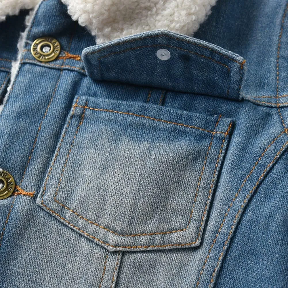 Hotmiss Toddler Baby Boys Girls Fleece Lined Denim Jacket Thicken Kids Fleece Jean Jacket Coat Winter Outwear