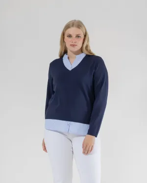 JERSEY ESCOTE PICO Y MANGA LARGA CON CUELLO Y FALDON AZUL OSCURO