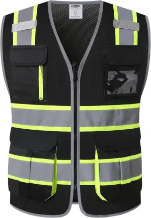 JKSafety 9 Pockets Hi-Vis Mesh Safety Vest for men and women | Chaleco reflectante de seguridad | Zipper Front | Multiple Pockets | Class 1 (140-Black L)