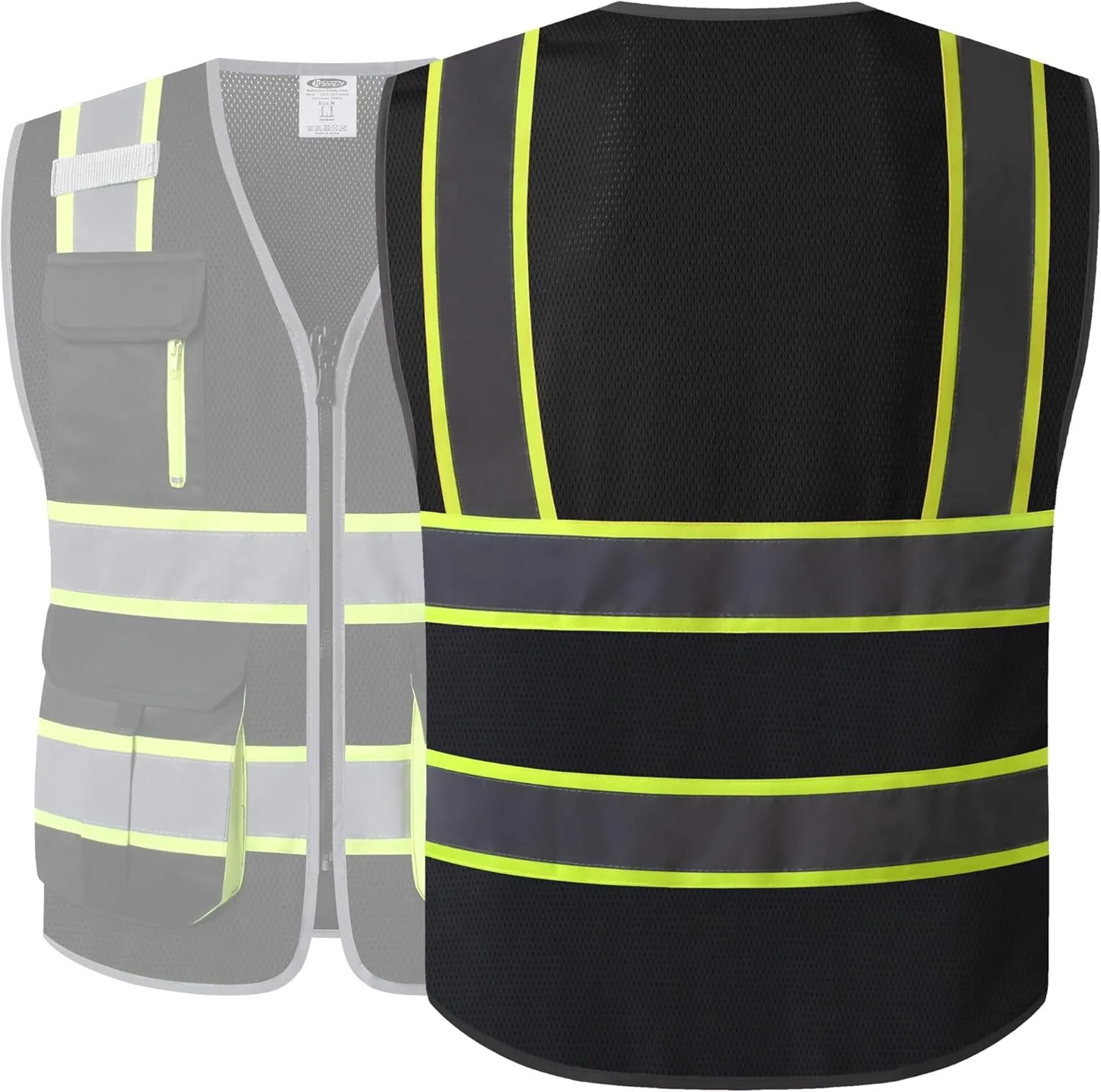 JKSafety 9 Pockets Hi-Vis Mesh Safety Vest for men and women | Chaleco reflectante de seguridad | Zipper Front | Multiple Pockets | Class 1 (140-Black L)