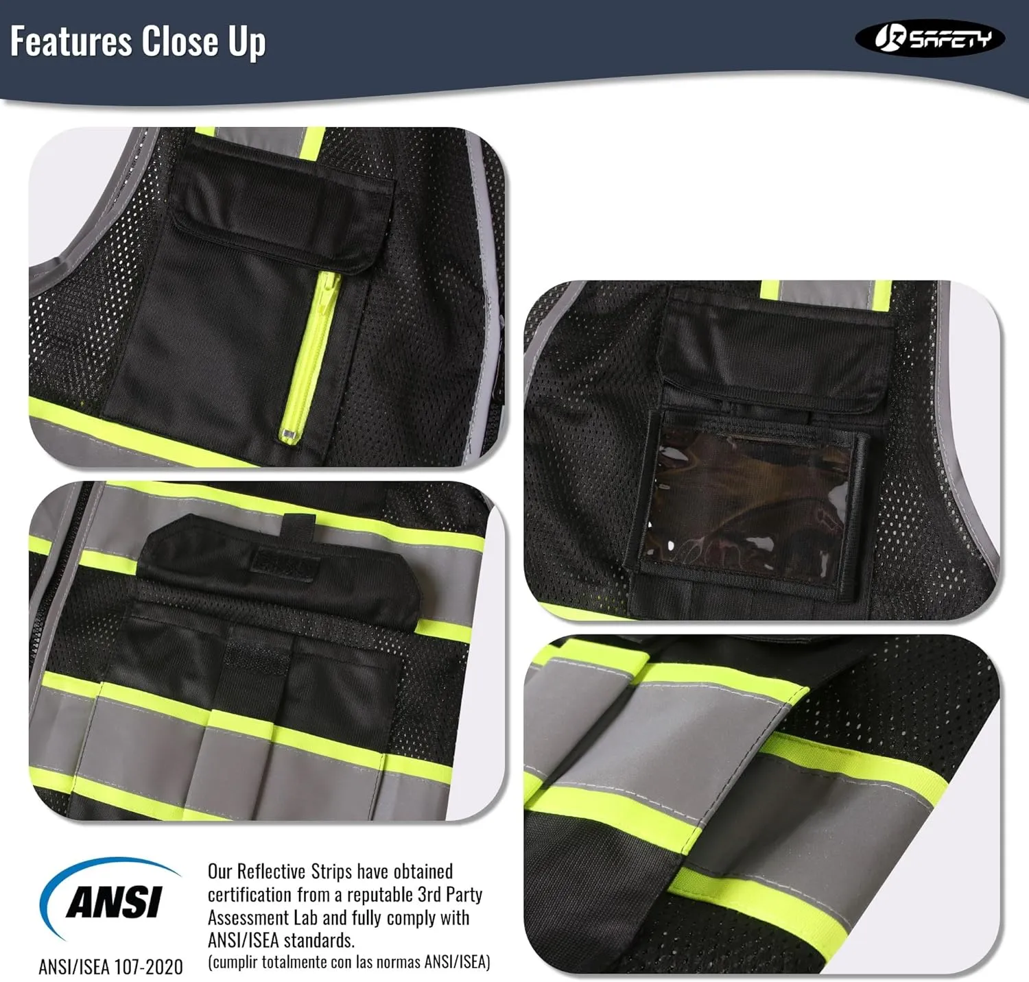 JKSafety 9 Pockets Hi-Vis Mesh Safety Vest for men and women | Chaleco reflectante de seguridad | Zipper Front | Multiple Pockets | Class 1 (140-Black L)