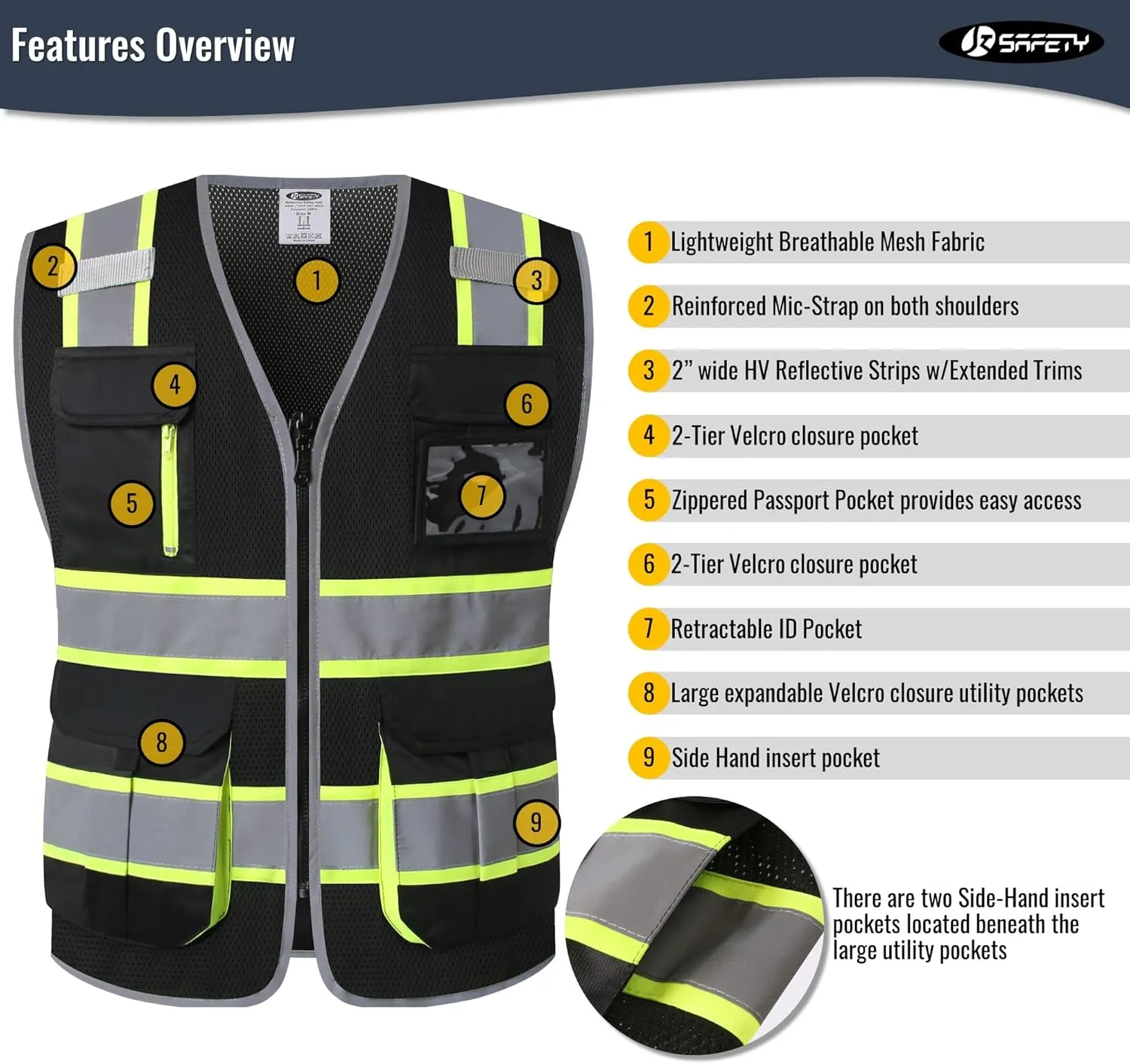 JKSafety 9 Pockets Hi-Vis Mesh Safety Vest for men and women | Chaleco reflectante de seguridad | Zipper Front | Multiple Pockets | Class 1 (140-Black L)