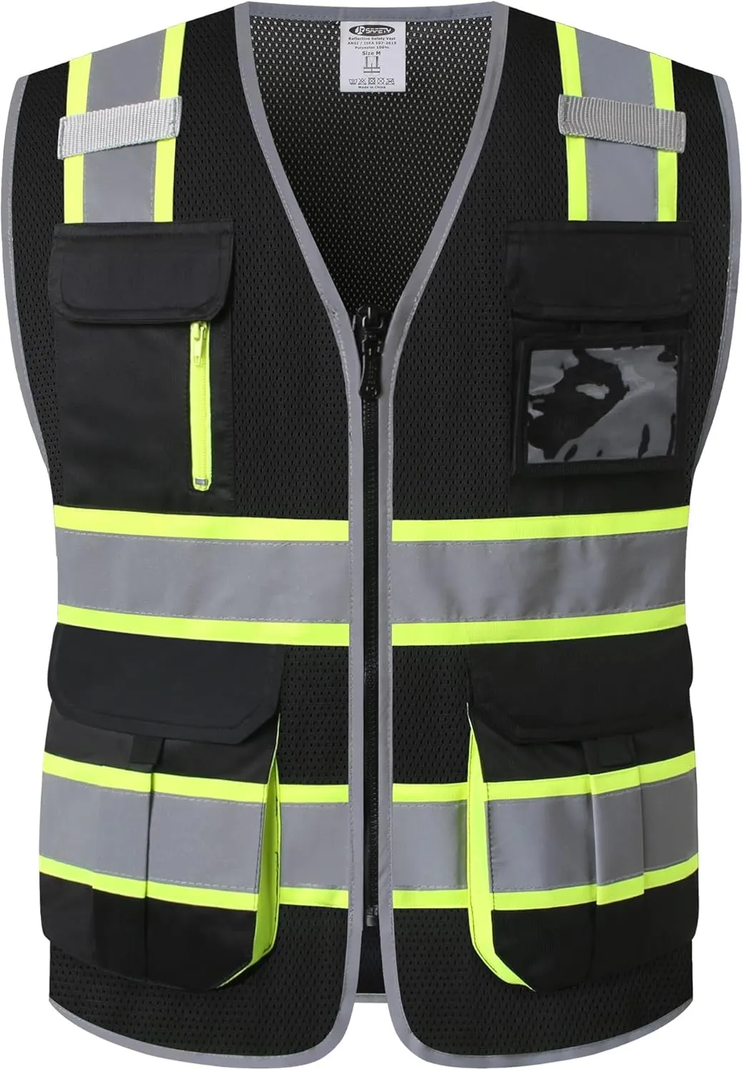 JKSafety 9 Pockets Hi-Vis Mesh Safety Vest for men and women | Chaleco reflectante de seguridad | Zipper Front | Multiple Pockets | Class 1 (140-Black L)