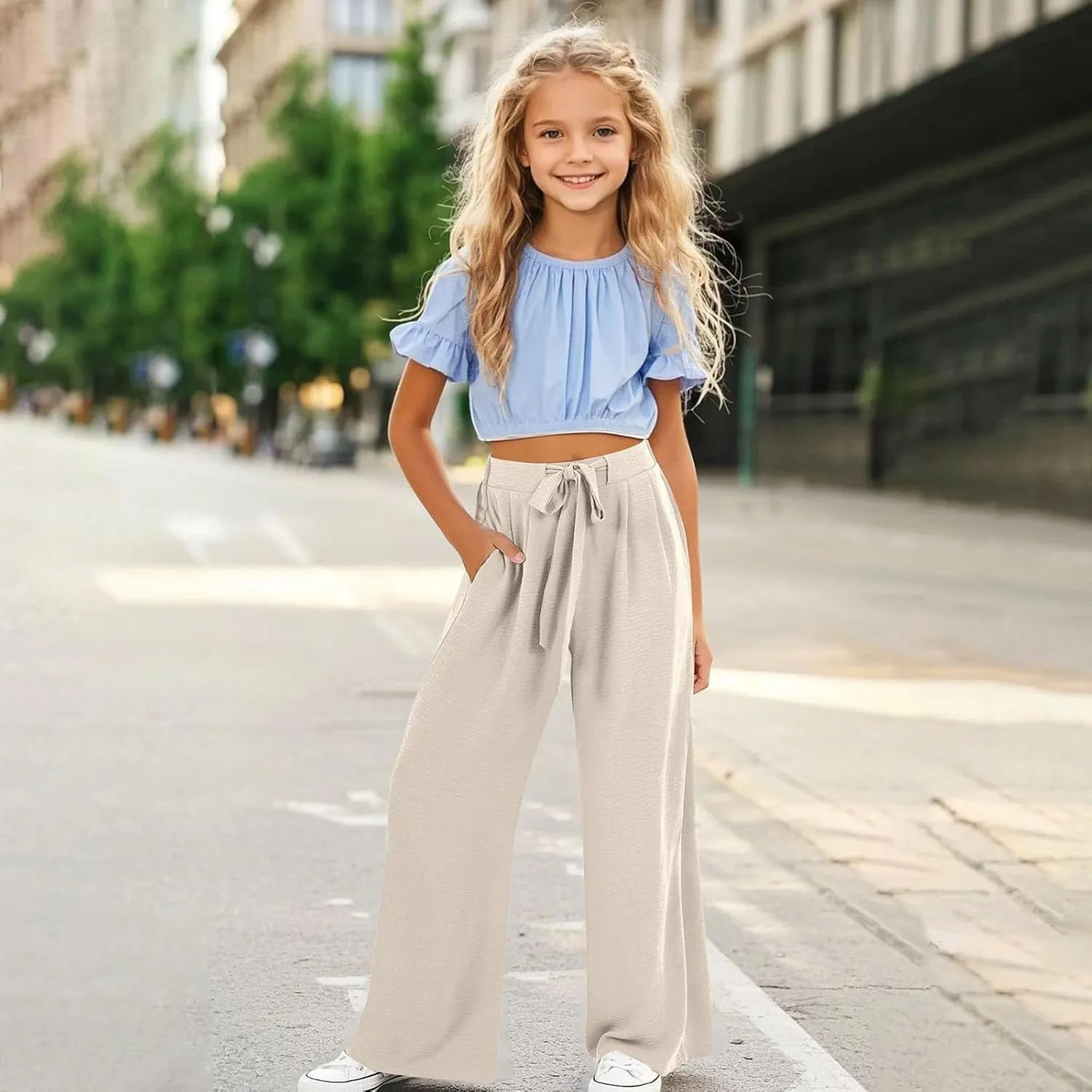 Kids Girls Baggy Palazzo Pants Loose Wide Leg Straight Drawsting High Waist Trousers Daily Lightweight Trendy Pants