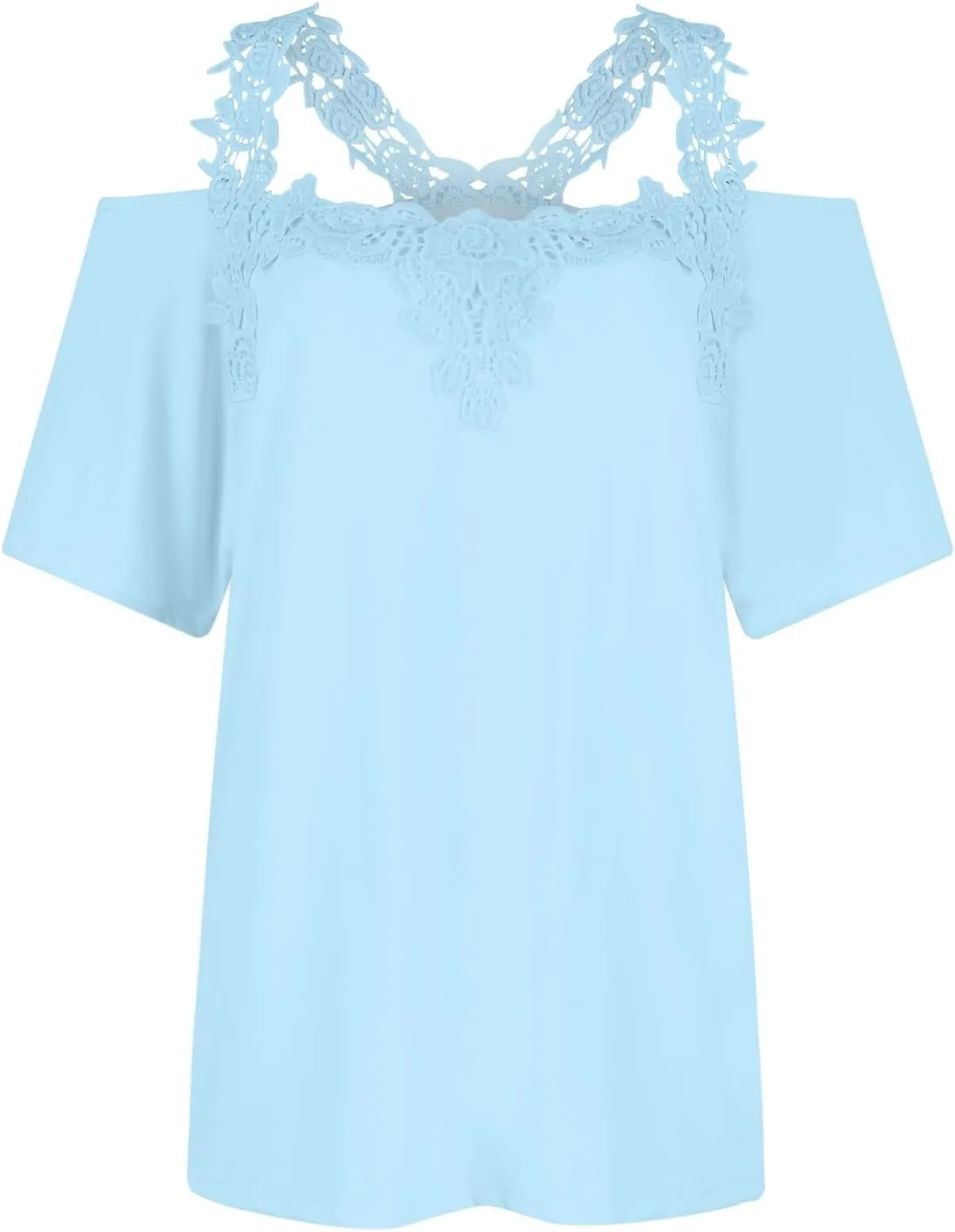 Lace Crochet Cold Shoulder Tops for Women 2025 Trendy Summer Short Sleeve Tunic Shirts Casual Loose Strappy Blouse