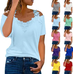 Lace Crochet Cold Shoulder Tops for Women 2025 Trendy Summer Short Sleeve Tunic Shirts Casual Loose Strappy Blouse