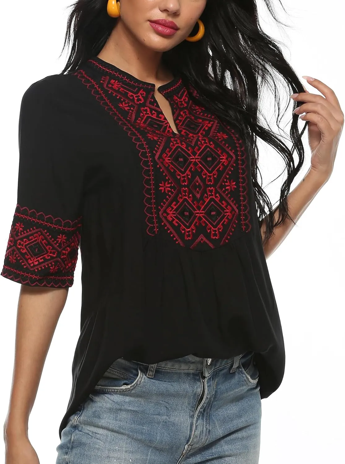 LauraKlein Mexican Embroidered Short Sleeve Boho Tops Women's Summer Peasant Blouse Boho Outfit Shirt Hippy Clothes for Women
