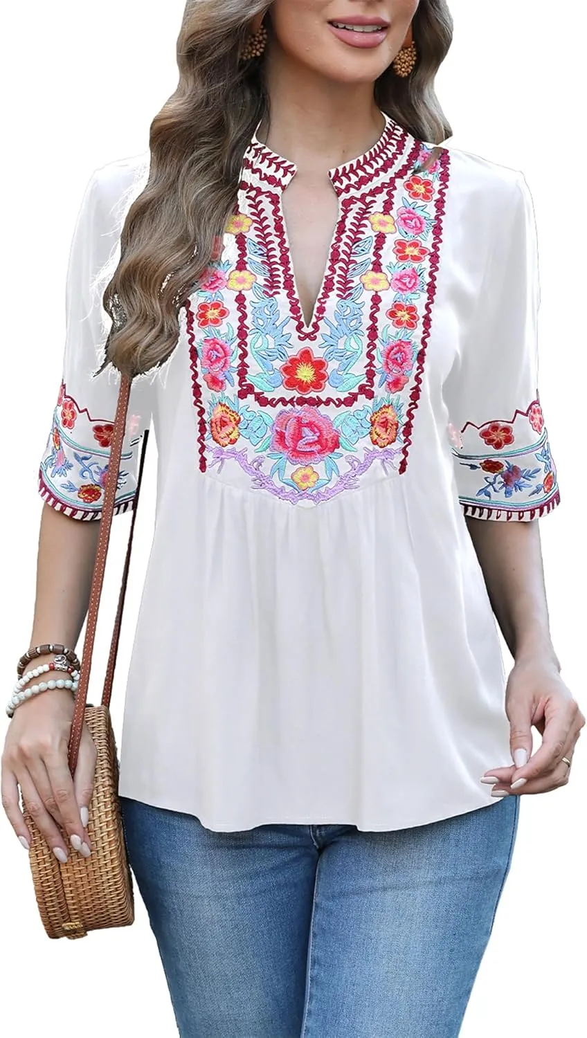 LauraKlein Mexican Embroidered Short Sleeve Boho Tops Women's Summer Peasant Blouse Boho Outfit Shirt Hippy Clothes for Women