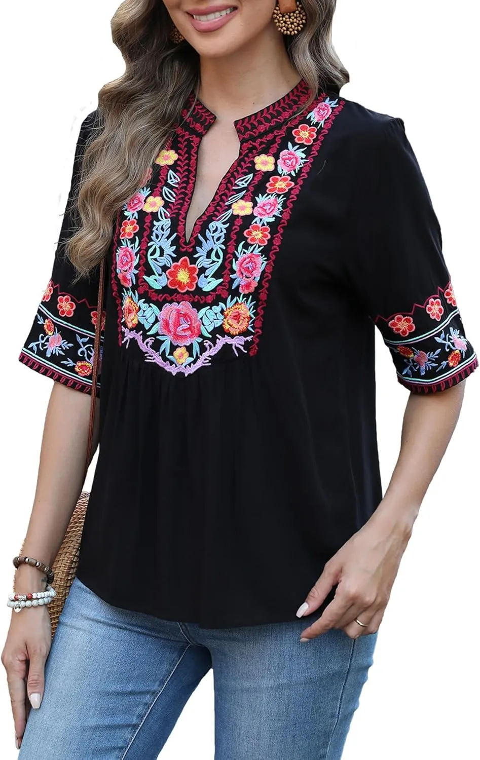 LauraKlein Mexican Embroidered Short Sleeve Boho Tops Women's Summer Peasant Blouse Boho Outfit Shirt Hippy Clothes for Women