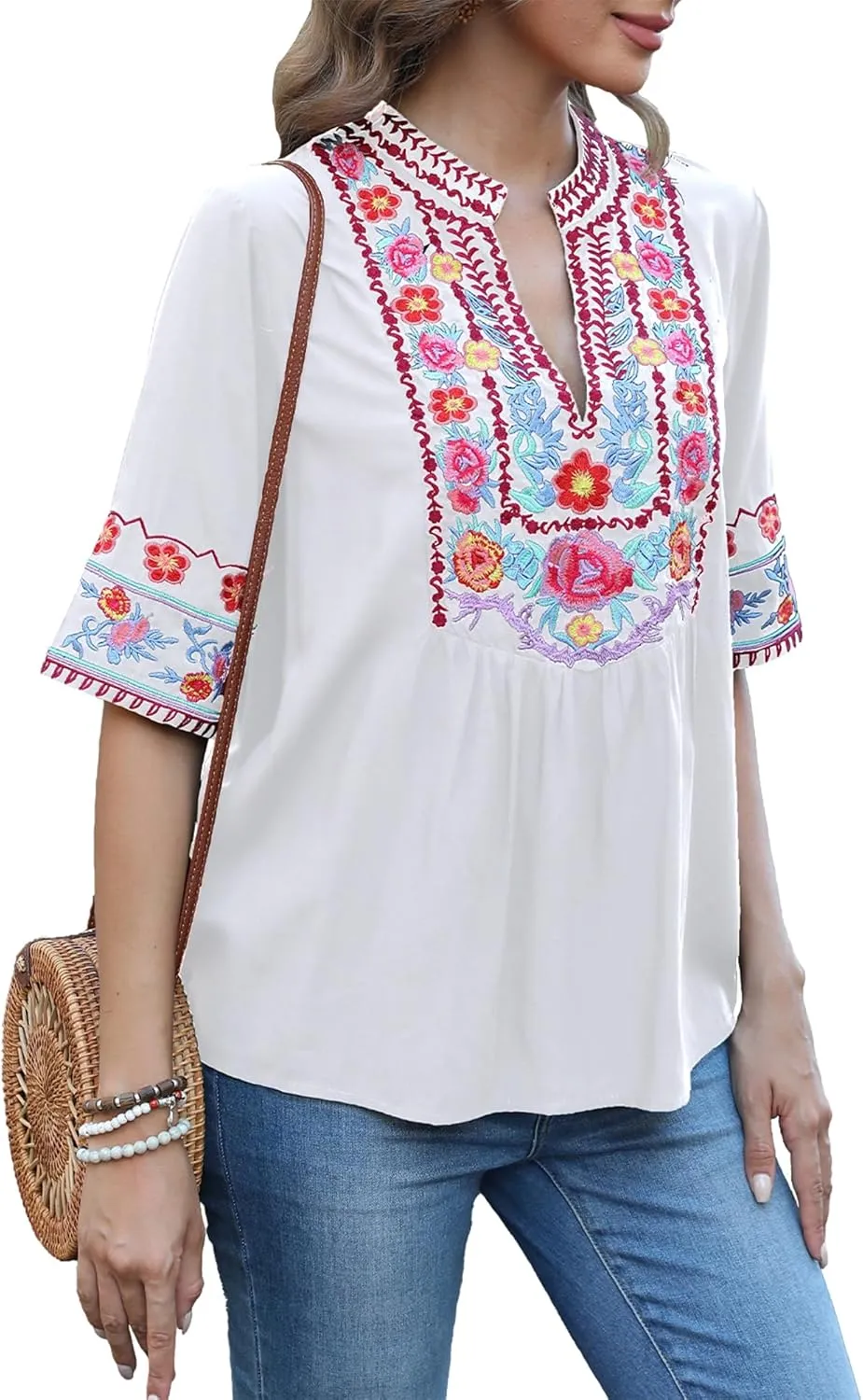 LauraKlein Mexican Embroidered Short Sleeve Boho Tops Women's Summer Peasant Blouse Boho Outfit Shirt Hippy Clothes for Women