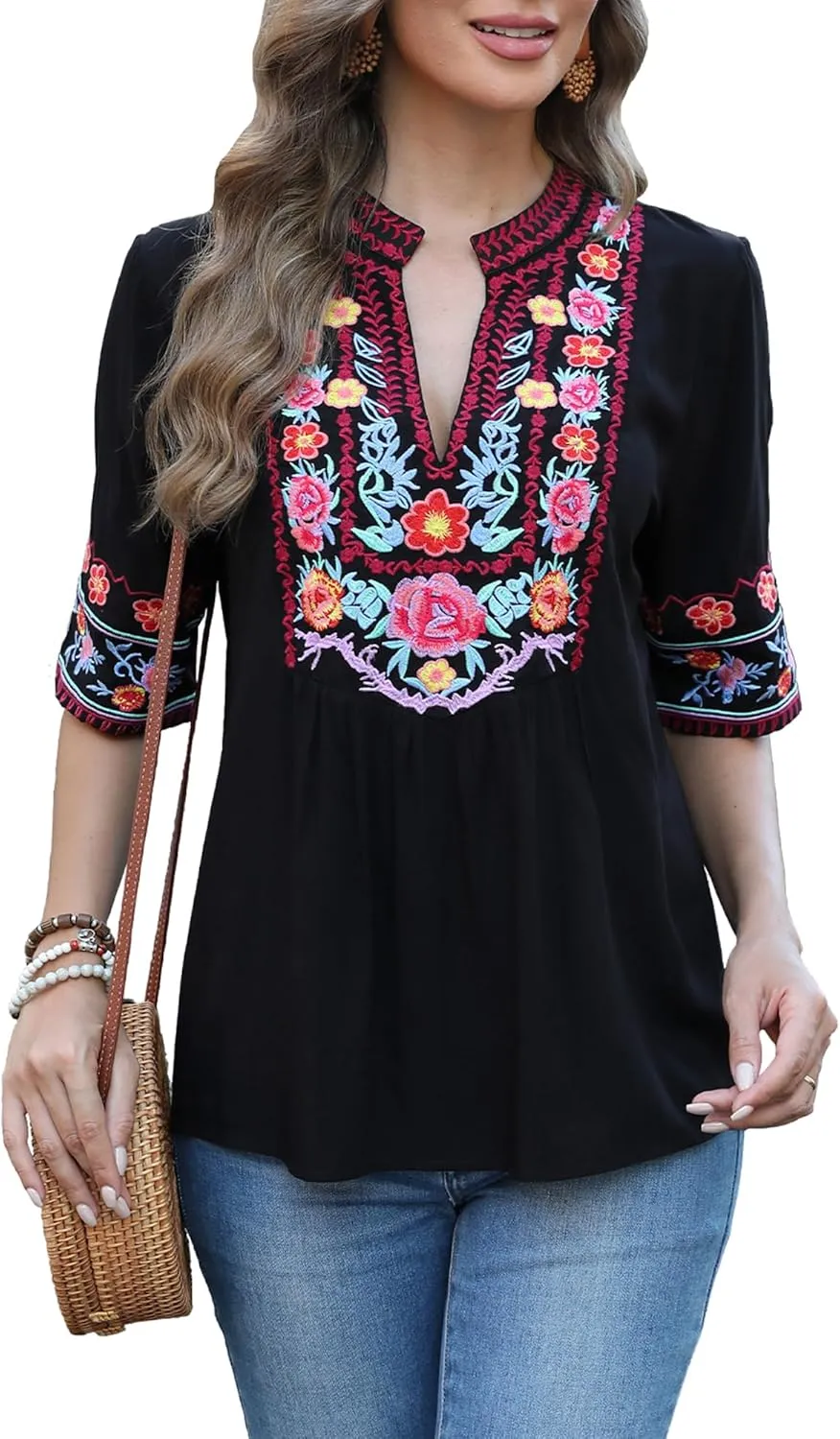 LauraKlein Mexican Embroidered Short Sleeve Boho Tops Women's Summer Peasant Blouse Boho Outfit Shirt Hippy Clothes for Women