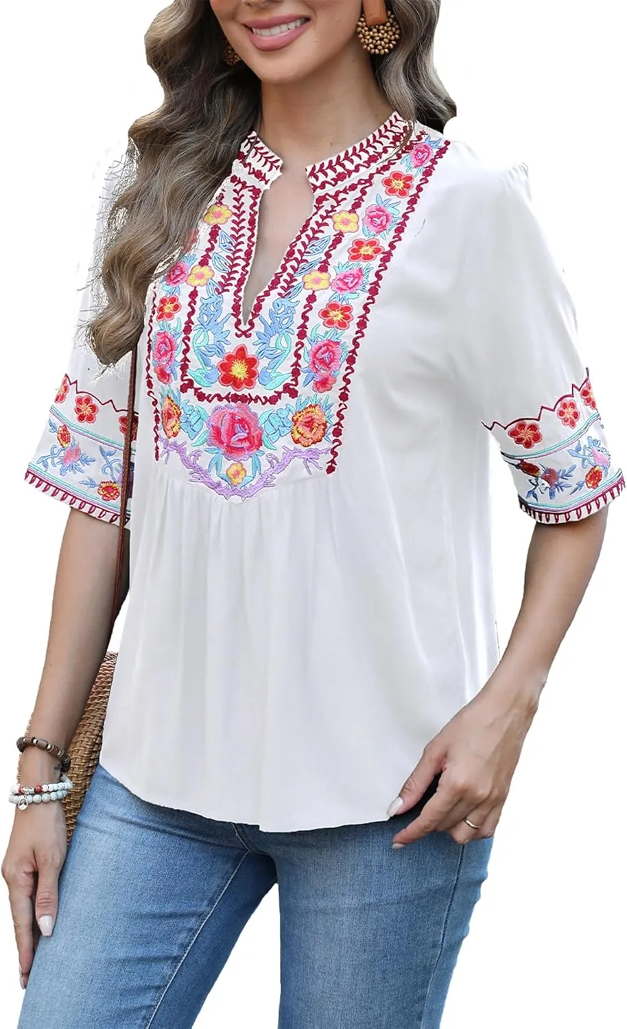 LauraKlein Mexican Embroidered Short Sleeve Boho Tops Women's Summer Peasant Blouse Boho Outfit Shirt Hippy Clothes for Women