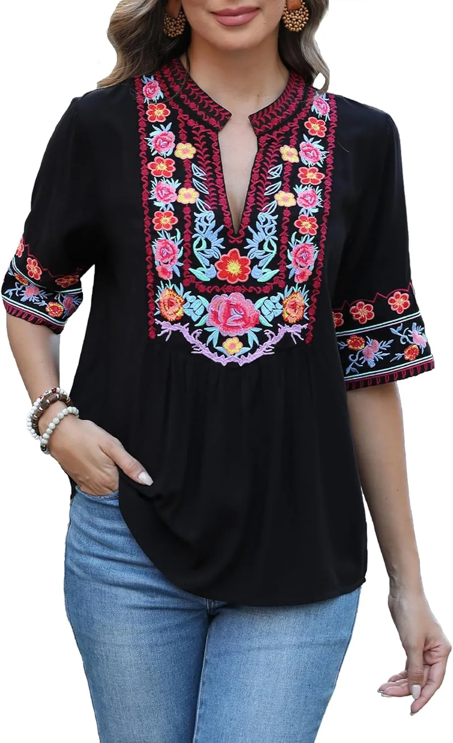LauraKlein Mexican Embroidered Short Sleeve Boho Tops Women's Summer Peasant Blouse Boho Outfit Shirt Hippy Clothes for Women