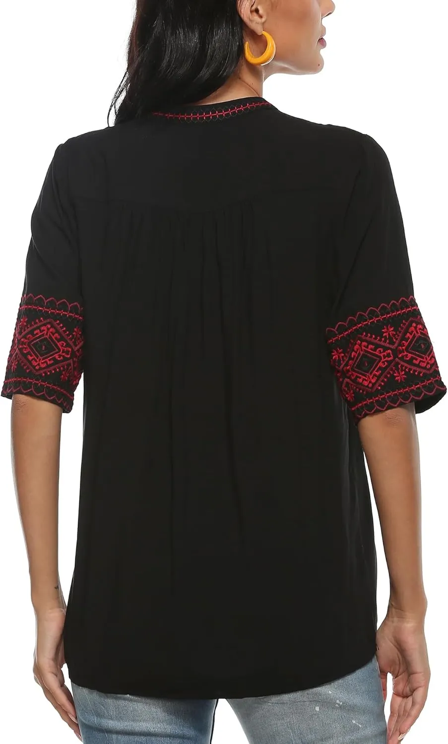 LauraKlein Mexican Embroidered Short Sleeve Boho Tops Women's Summer Peasant Blouse Boho Outfit Shirt Hippy Clothes for Women