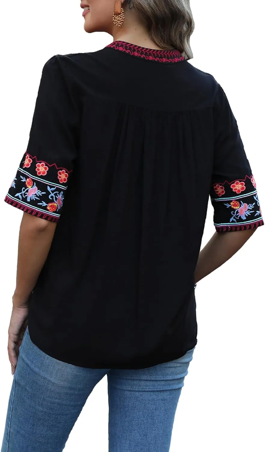 LauraKlein Mexican Embroidered Short Sleeve Boho Tops Women's Summer Peasant Blouse Boho Outfit Shirt Hippy Clothes for Women