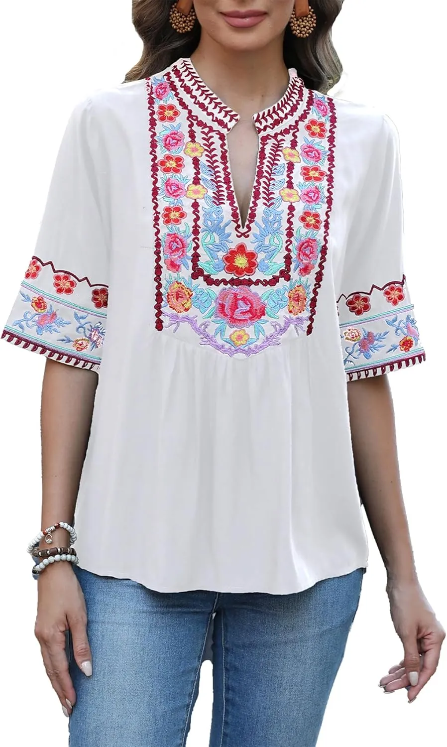 LauraKlein Mexican Embroidered Short Sleeve Boho Tops Women's Summer Peasant Blouse Boho Outfit Shirt Hippy Clothes for Women